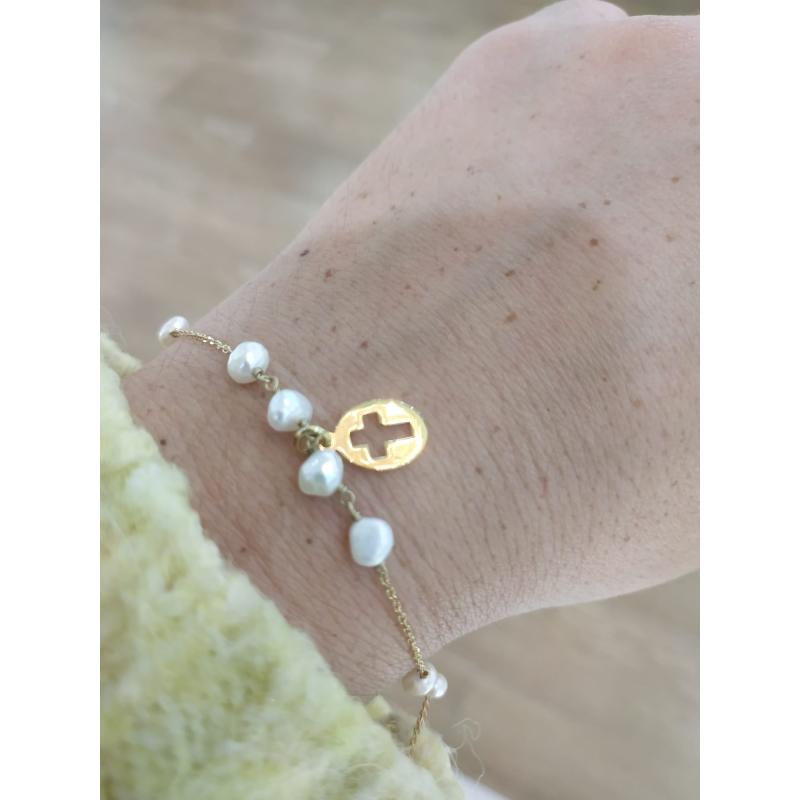 PULSERA CRUZ CON PERLAS. PLATA CHAPADA